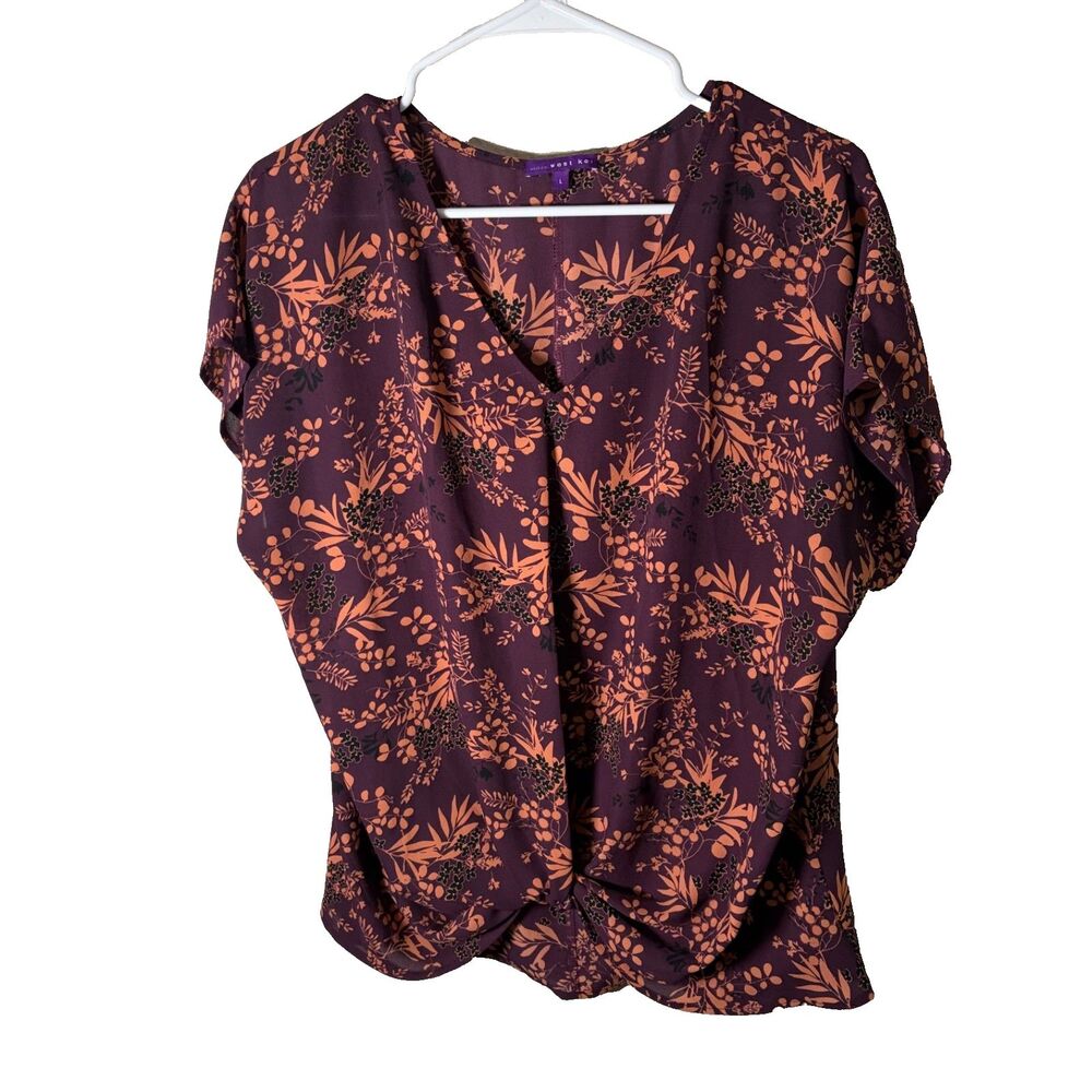 West Kei Blouse Women's Large Purple Floral Twisted Short Sleeve Lightweight